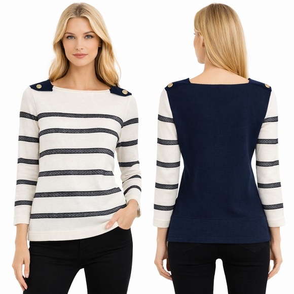 Red Valentino Navy & Ivory Striped Lace Knit SweaterDesigner Top Size S